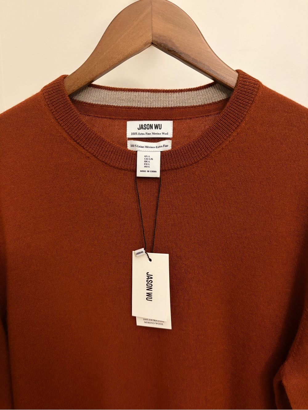 Jason Wu Men’s Crewneck Sweater in Rust Orange 100% Merino Wool